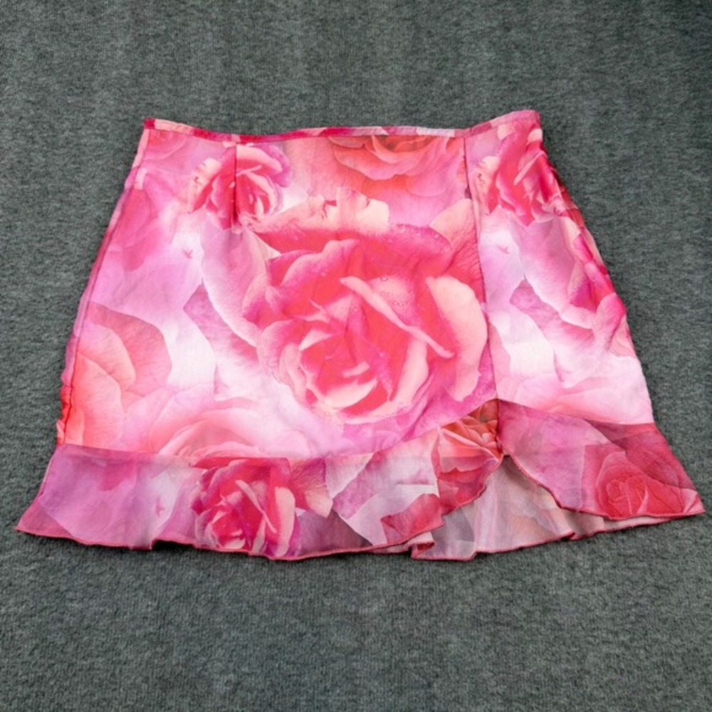 PrettyLittleThing‎ Mini Skirt Women Size 10 Pink Floral Mesh Ruffle Hem Rose